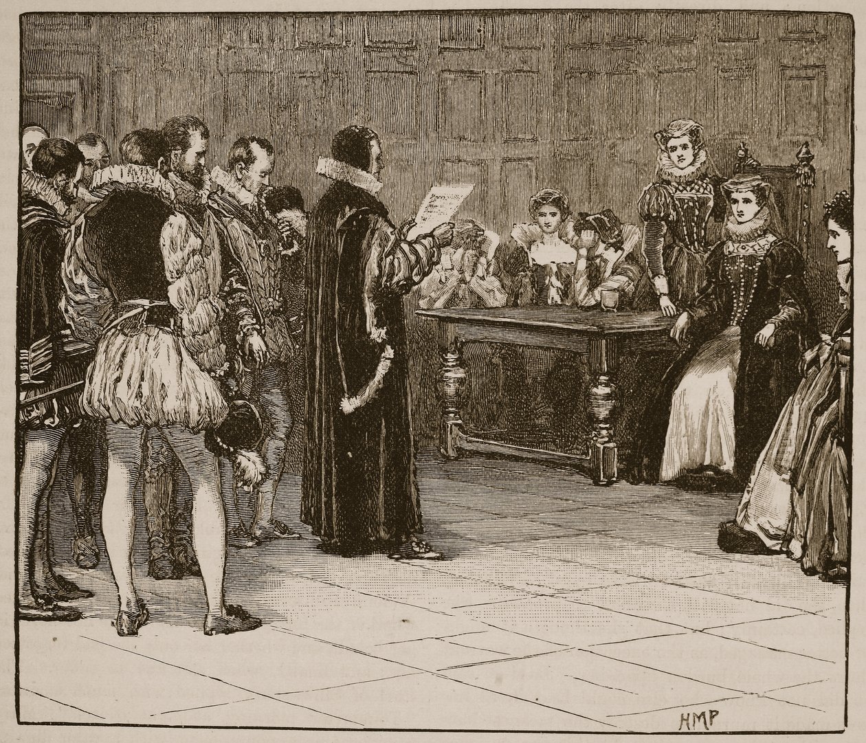 María Reina de Escocia recibiendo la notificación de su destino, ilustración de la Historia Ilustrada de Inglaterra de Cassell de English School