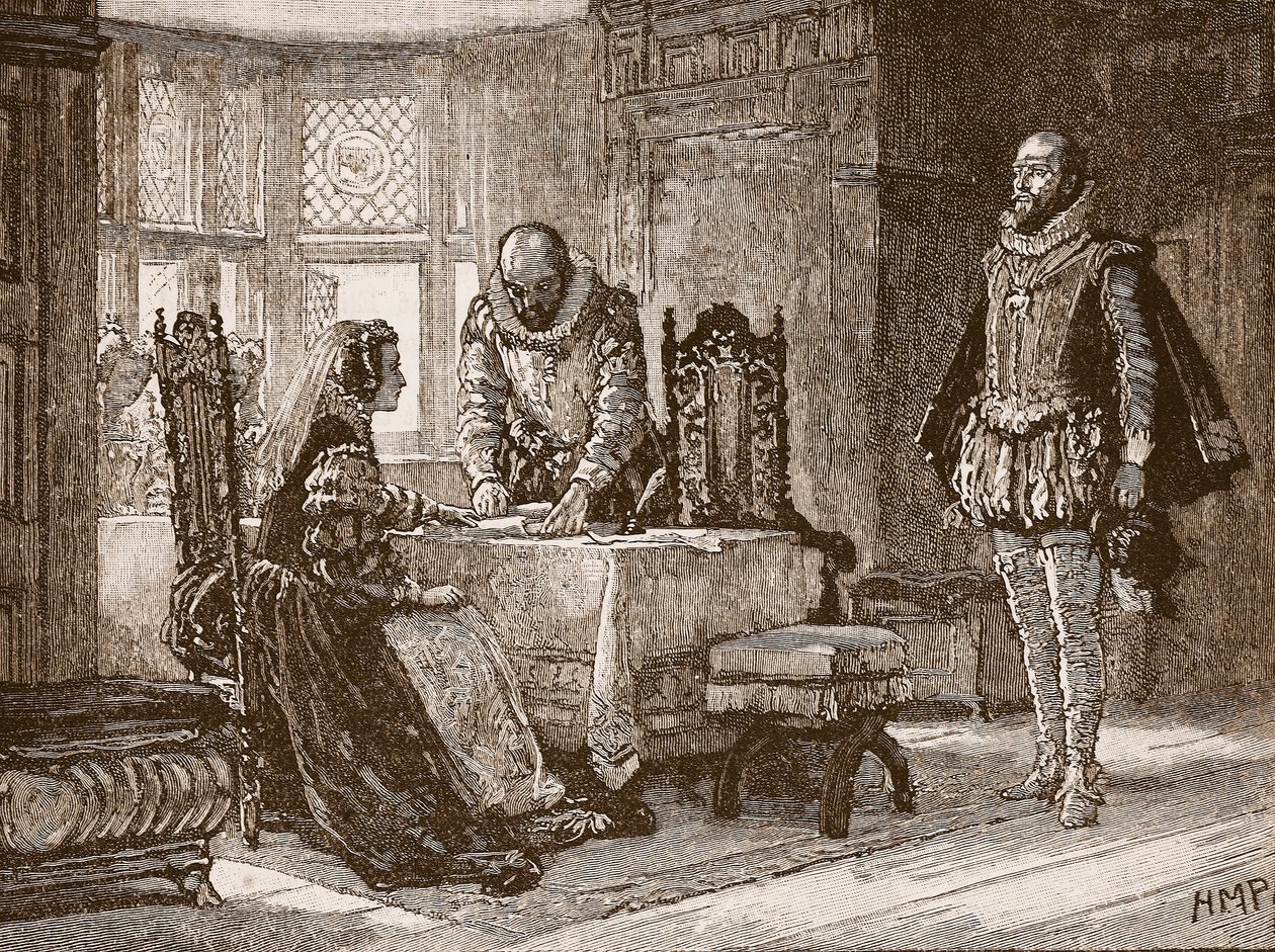 María firmando el acta de abdicación en el castillo de Lochleven, ilustración de la Historia Ilustrada de Inglaterra de Cassell de English School