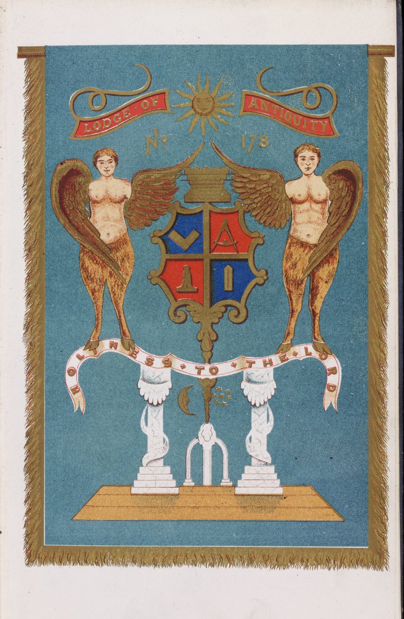 Emblema de la logia masónica que muestra un escudo de armas con ángeles de English School