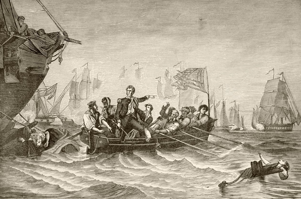 Comandante Oliver Hazard Perry pasando del US Brig Lawrence al US Brig Niagra durante la Batalla del Lago Erie (litografía) de English School