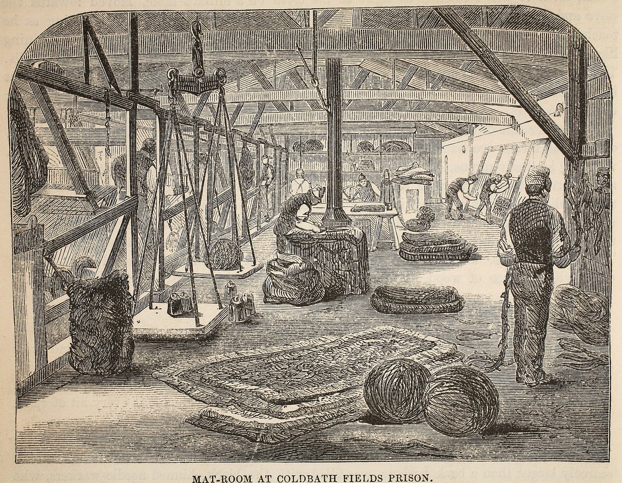 Sala de esteras en la prisión de Coldbath Fields, ilustración de Las prisiones criminales de Londres y escenas de la vida en prisión de Henry Mayhew y John Binny, pub. 1862 de English School