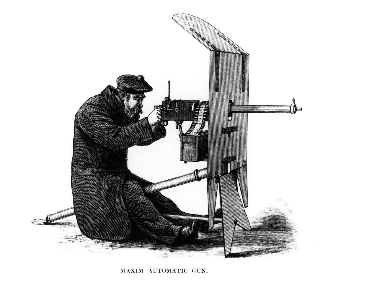 Ametralladora automática Maxim, una ametralladora operada por retroceso patentada por Hiram Stevens Maxim (1840-1916) en 1882 de English School