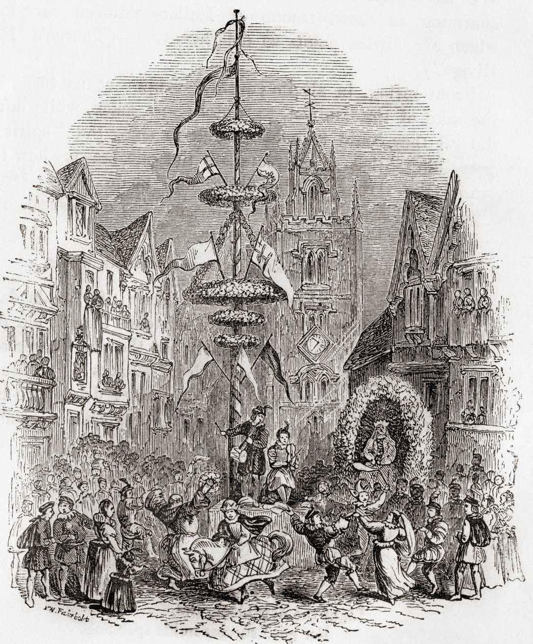 Maypole dancing in front of St Andrew Undershaft Church, London, England in the 19th century, fFrom Old England: A Pictorial Museum, pub. 1847 de English School