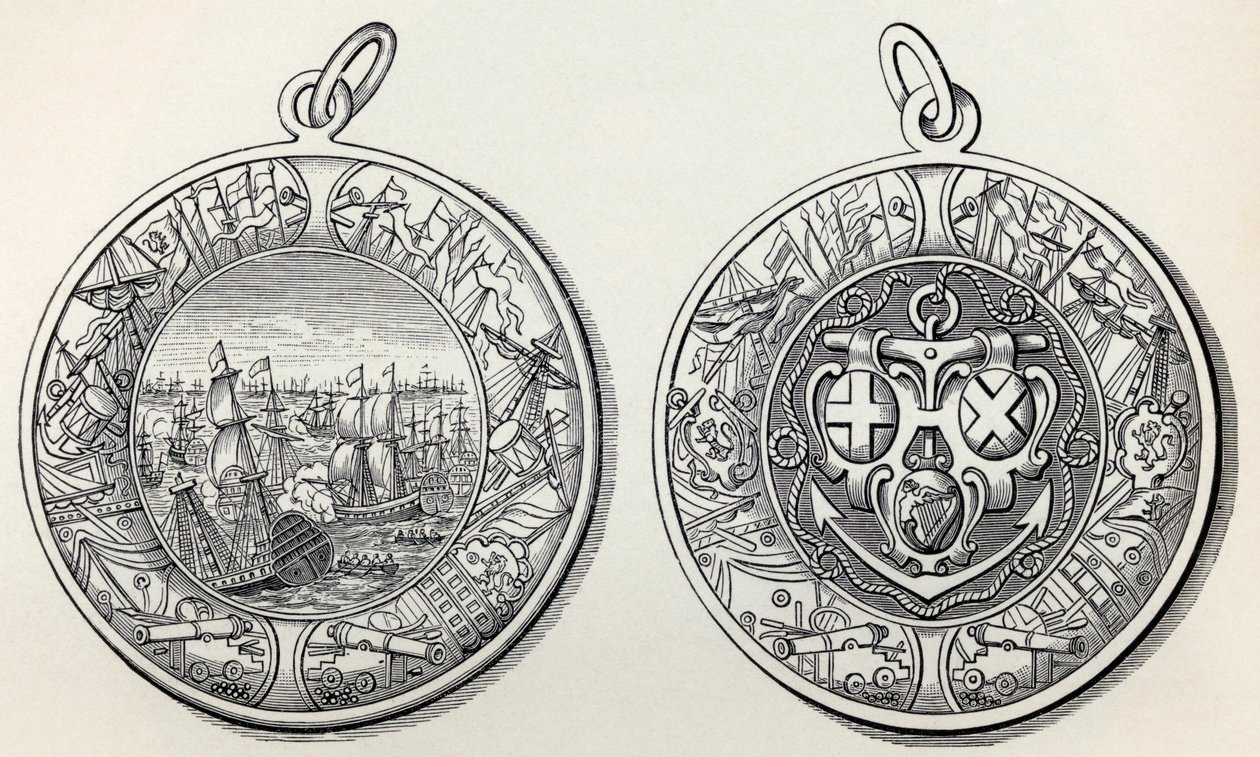 Medalla conmemorativa de las victorias del Almirante Robert Blake sobre los holandeses en 1653, de A Short History of the English People por J. R. Green, publicado en 1893 de English School