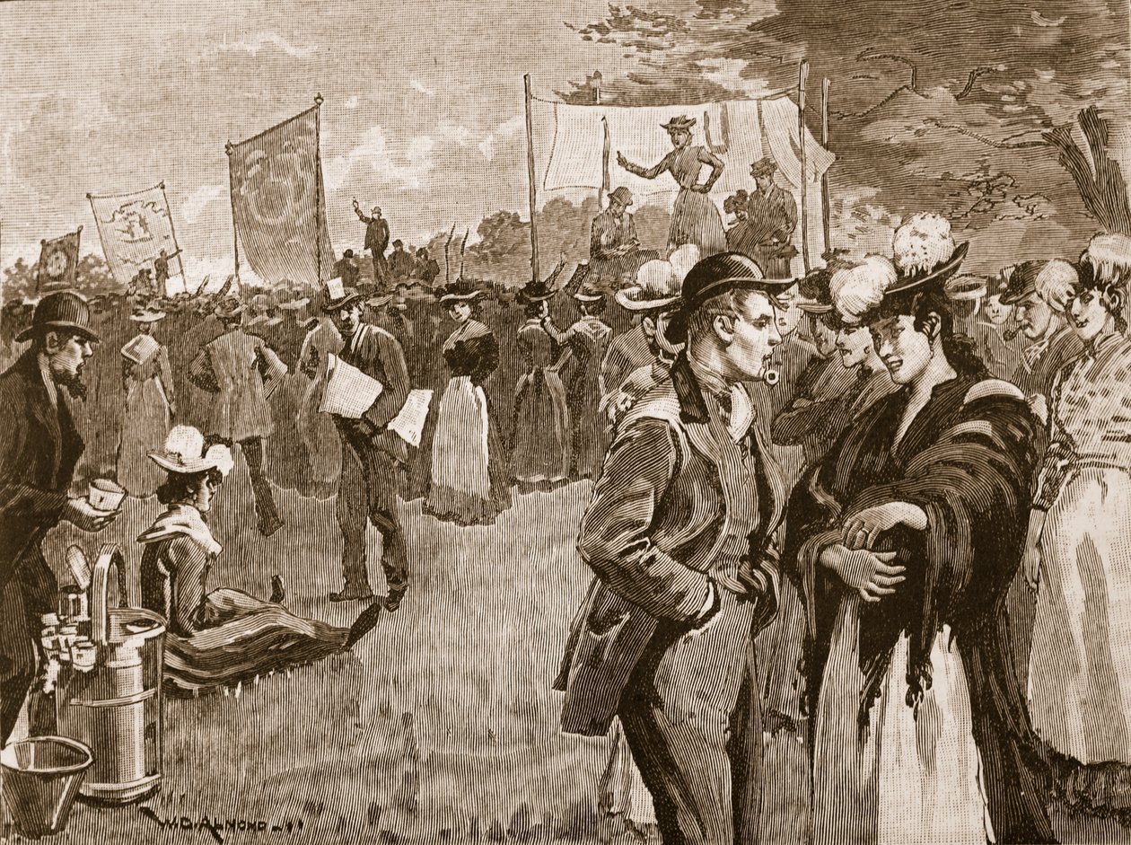 Reunión de lavanderas en Hyde Park, 1891, ilustración de la Historia Ilustrada de Inglaterra de Cassell de English School