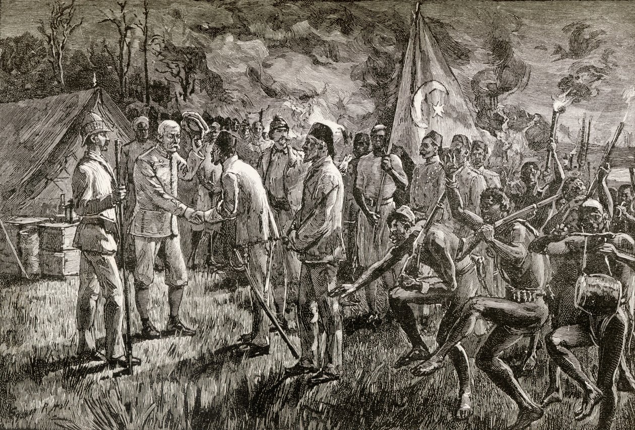 Mehmet Emin Pasha y Gaetano Casati llegan al campamento de Sir Henry Morton Stanley en la orilla del lago Alberto en 1889 (grabado en madera) de English School