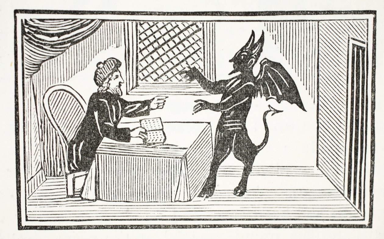 Mefistófeles llega a la casa del doctor, ilustración de Chap-books of the Eighteenth Century por John Ashton, pub. 1882 de English School
