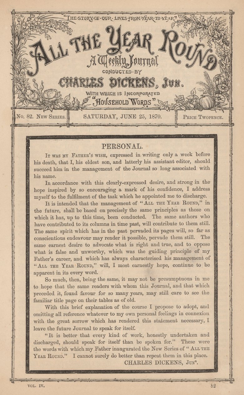 Mensaje de Charles Dickens Junior en el semanario All The Year Round, tras la muerte de su padre de English School