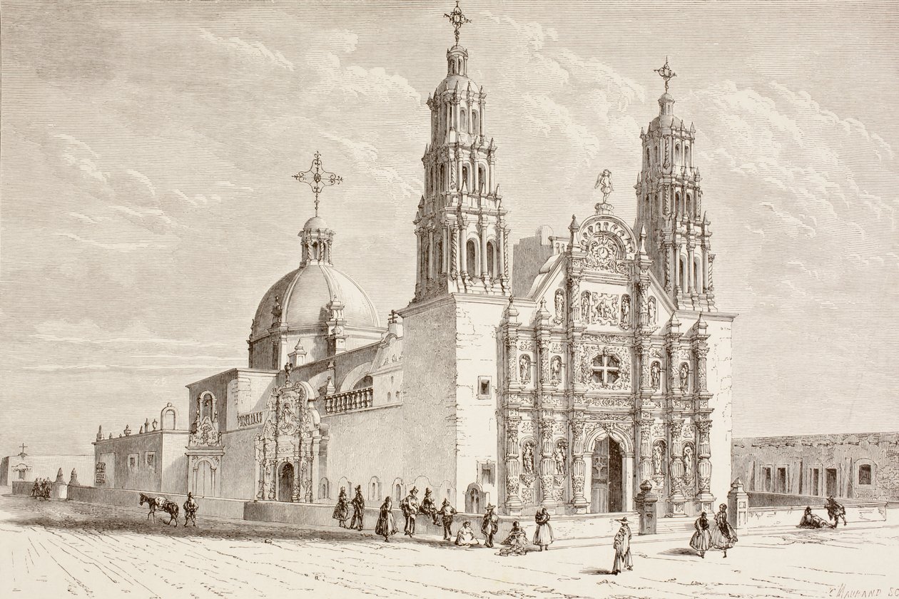 Catedral Metropolitana en Plaza de Armas, Chihuahua, México en el siglo XIX (litografía) de English School