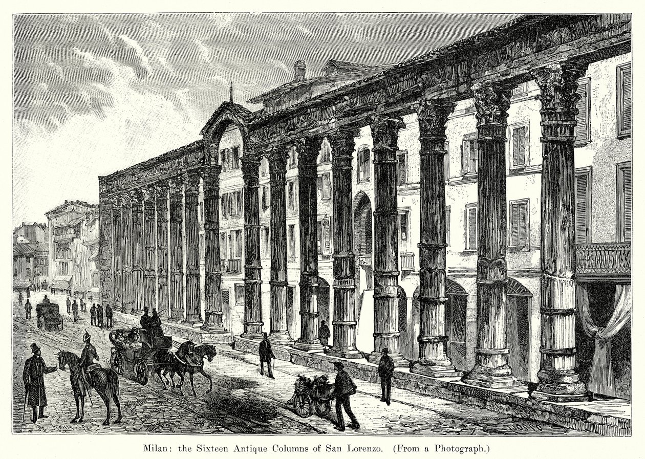 Milán: las dieciséis columnas antiguas de San Lorenzo (grabado) de English School