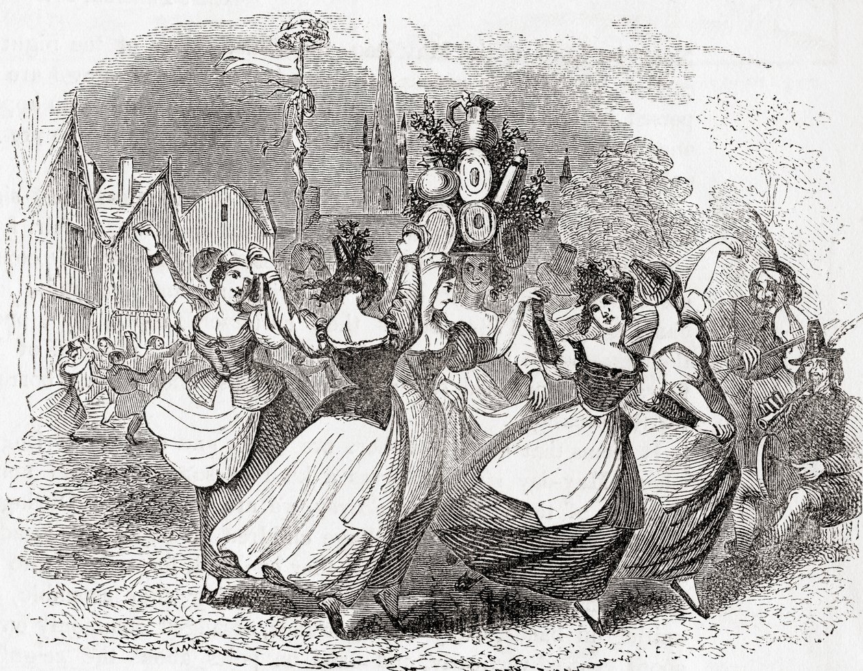 Baile de la lechera, con pila de platos, Primero de Mayo, Inglaterra, de Old England: A Pictorial Museum, pub. 1847 de English School