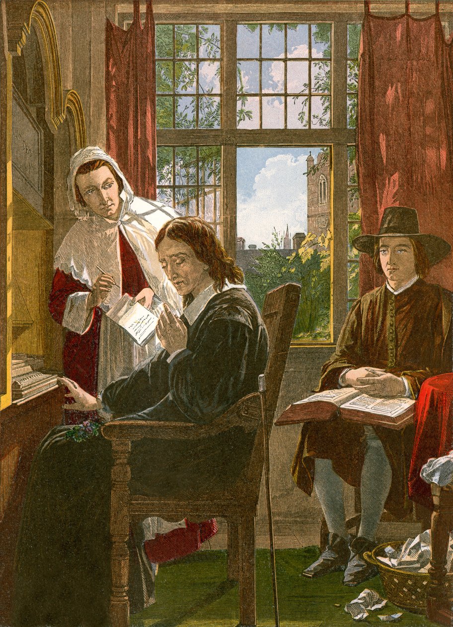 Milton dictando "Samson Agonistes" (grabado coloreado) de English School