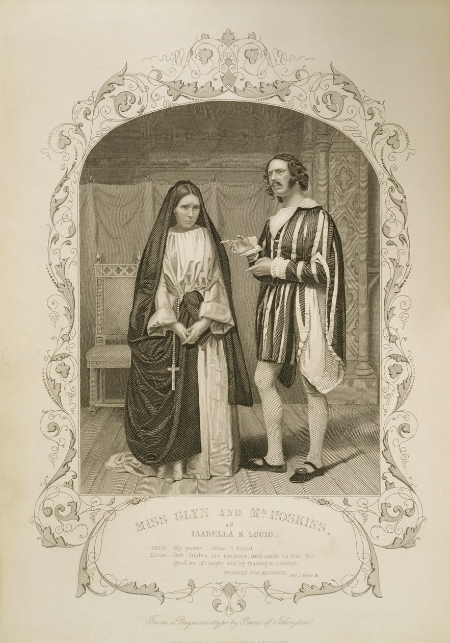 La Srta. Glyn como Isabella y el Sr. Hoskins como Lucio, Acto I Escena 4, en Medida por Medida de William Shakespeare (1564-1616) de un daguerrotipo de Paine de Islington de English School