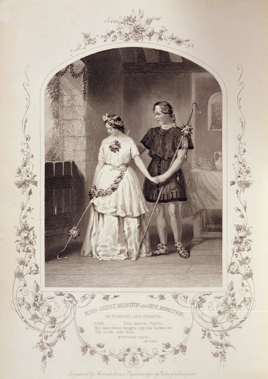La Srta. Jenny Marston como Perdita y el Sr. F. Robinson como Florizel, Acto IV Escena 3, en El Cuento de Invierno de William Shakespeare (1564-1616) grabado por Thomas Sherratt (fl.1860-80) de un daguerrotipo de Pa de English School