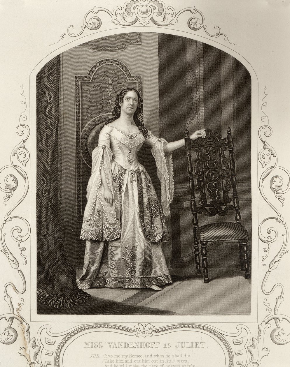Miss Vandenhoff como Julieta, Acto III Escena 1 de Romeo y Julieta, de un daguerrotipo, pub. por John Tallis & Co. de English School