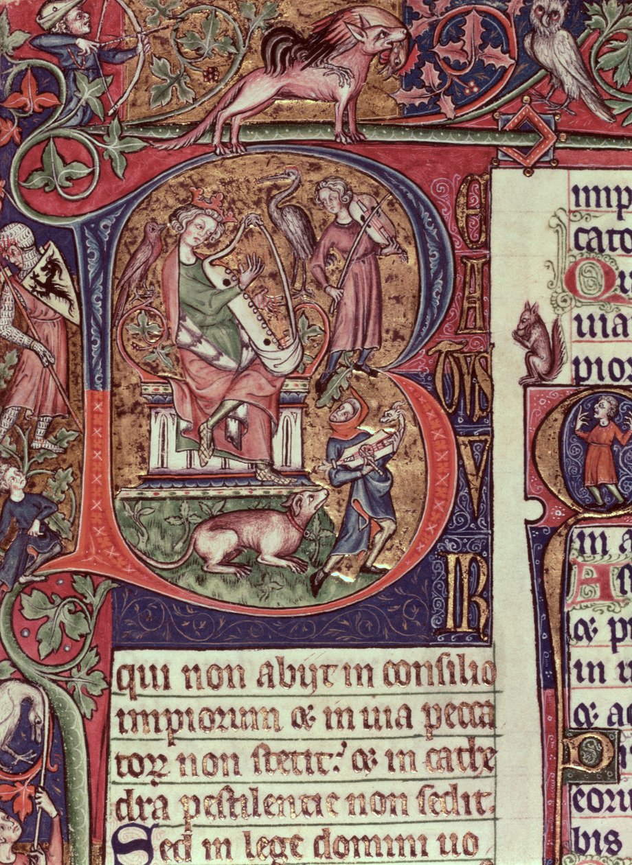 Mms 9961-2 Inicial historiada B del Salterio de Peterborough que representa al rey David tocando el arpa, inglés, c.1310-20 de English School