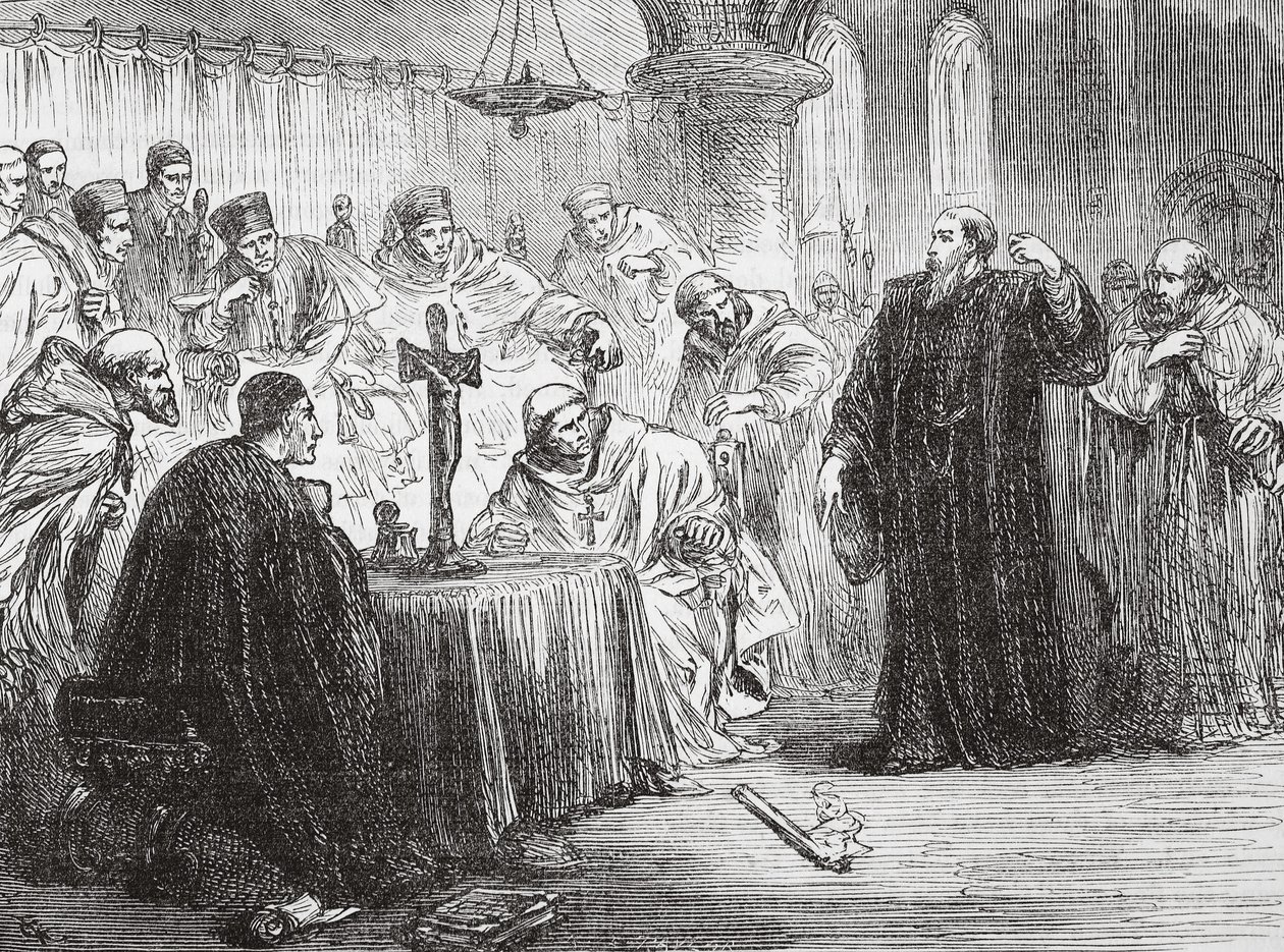 Mollio arrojando su antorcha ante la Inquisición, ilustración de La Historia del Protestantismo de James Aitken Wylie, pub. 1878 de English School