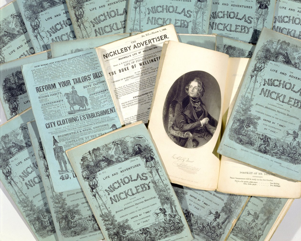 Ediciones mensuales de La vida y aventuras de Nicholas Nickleby de Charles Dickens, publicadas en 1839 de English School