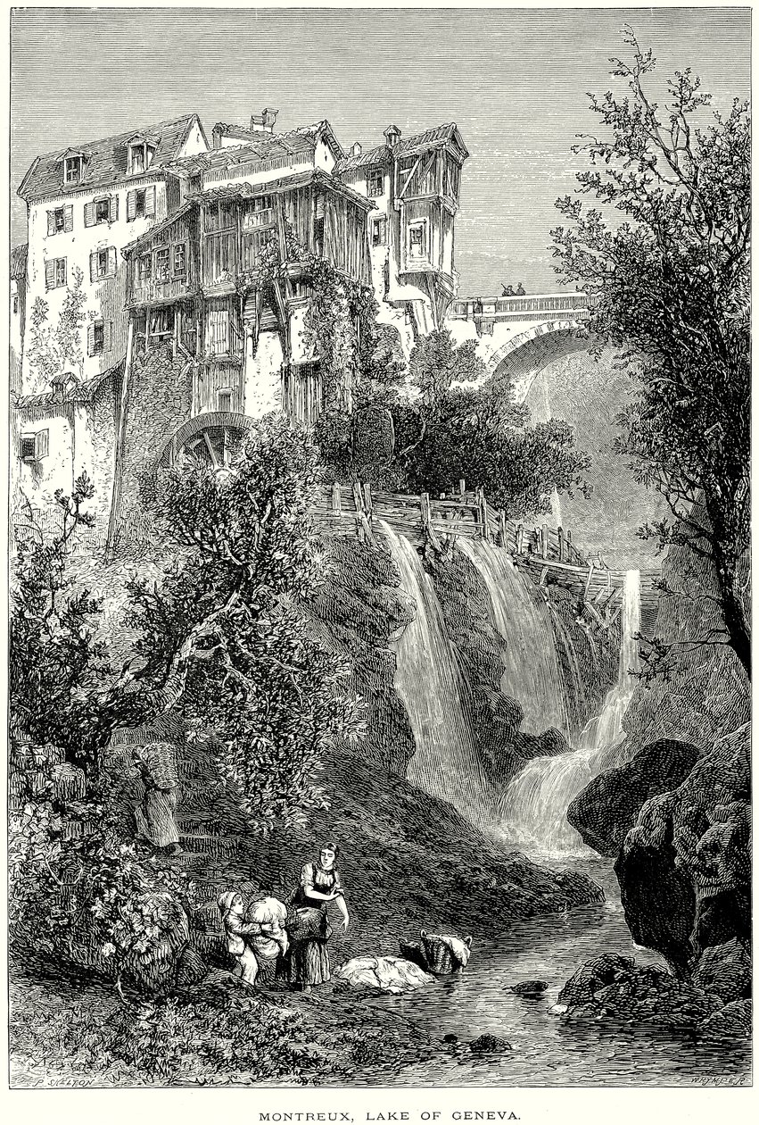 Montreux, Lago de Ginebra (grabado) de English School