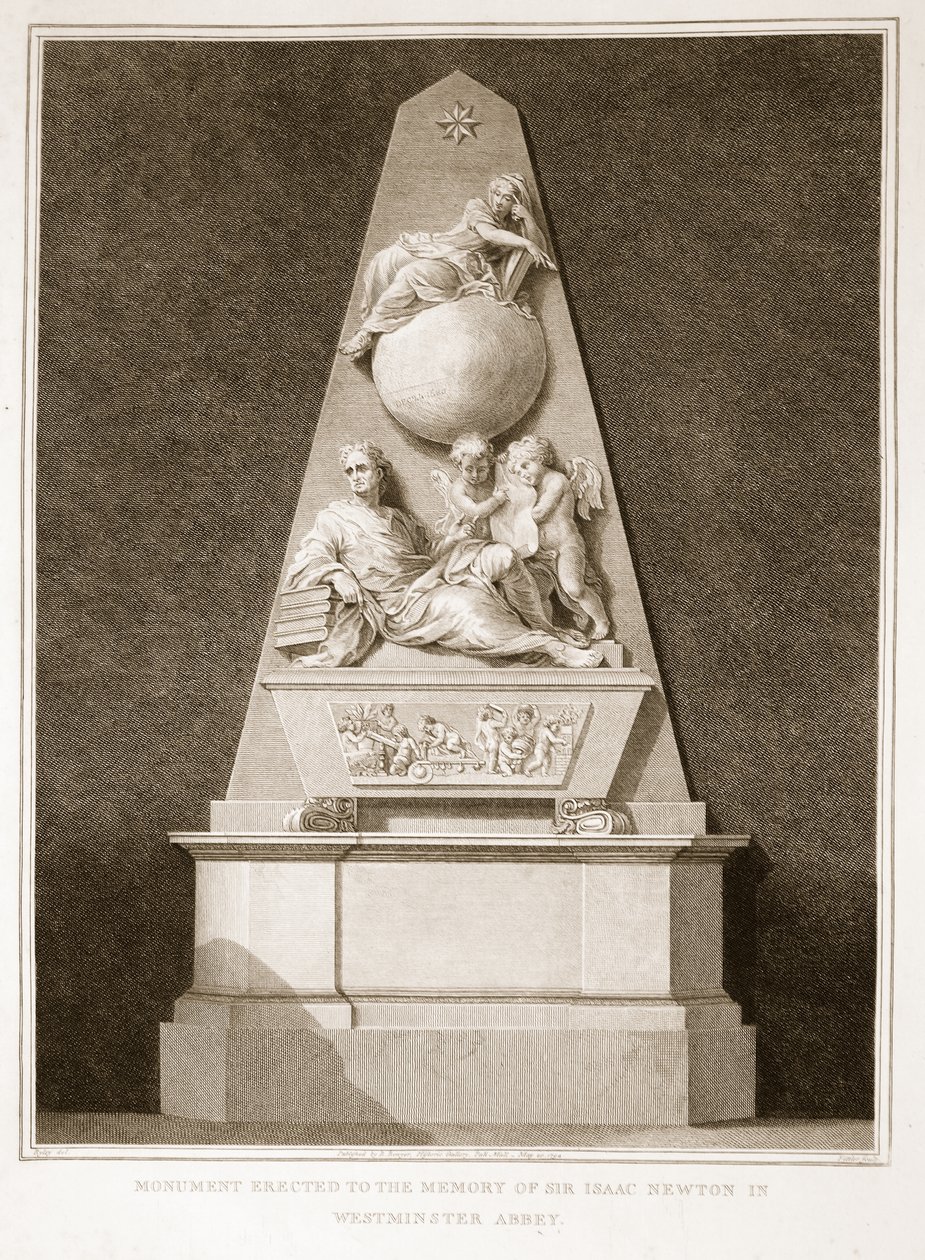 Monumento erigido en memoria de Sir Isaac Newton en la Abadía de Westminster, ilustración de La Historia de Inglaterra de David Hume, pub. por R. Bowyer, Londres, 1812 de English School