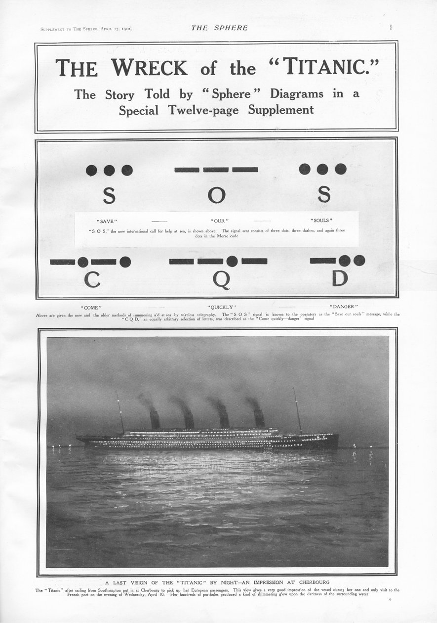 Señales de código Morse e ilustración del barco de vapor atracado en Cherburgo por la noche, de The Sphere, 27 de abril de 1912 de English School