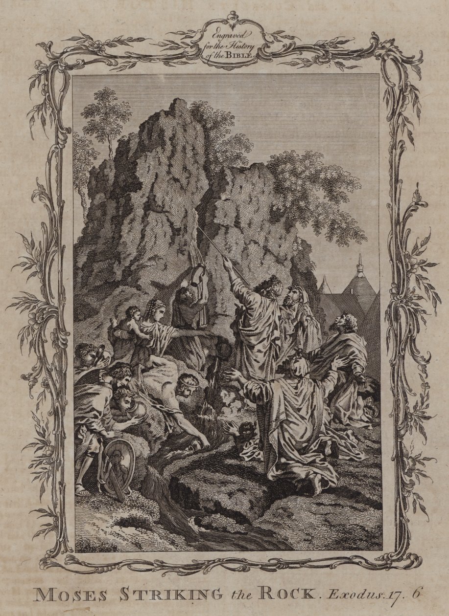 Moisés golpeando la roca (grabado) de English School