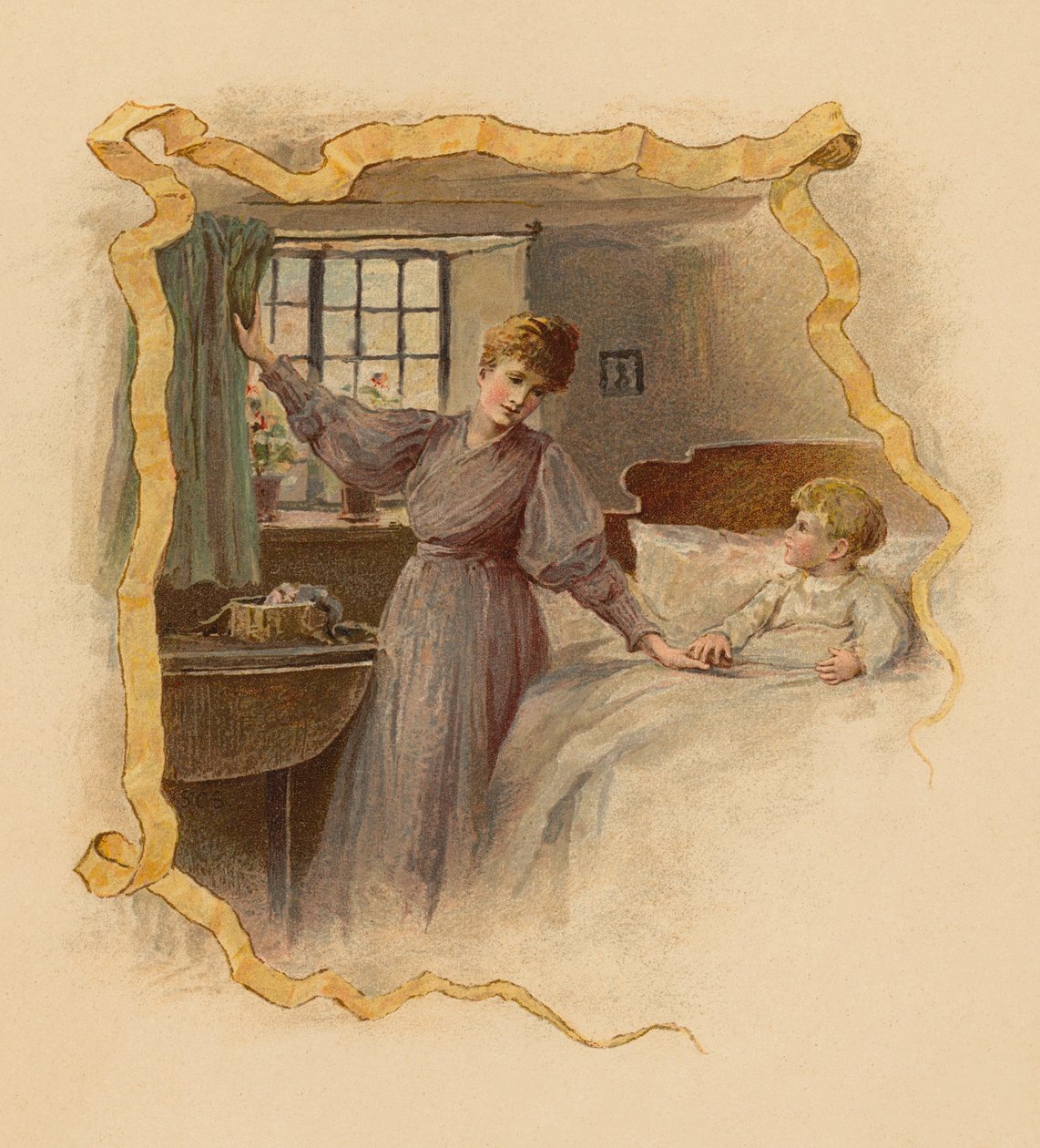 Madre despertando a su hijo por la mañana (cromolito) de English School