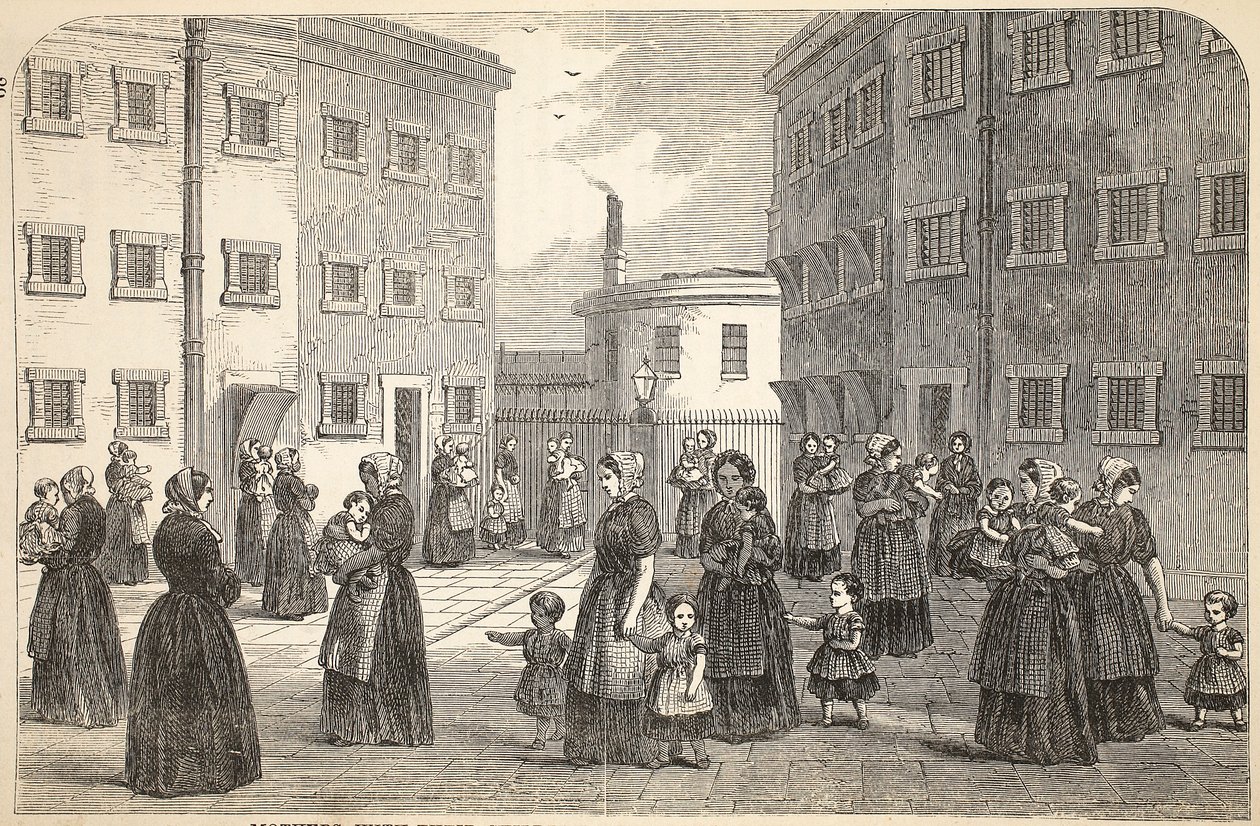 Madres, con sus hijos, ejercitándose en la prisión de Tothill Fields, ilustración de Las prisiones criminales de Londres y escenas de la vida en prisión de Henry Mayhew y John Binny, pub. 1862 de English School