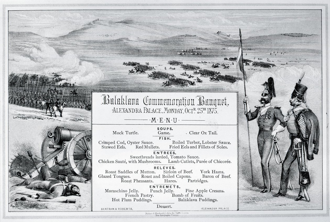 Menú ilustrado montado para el Banquete de Conmemoración de Balaklava celebrado en el Alexandra Palace, 25 de octubre de 1875 (grabado) de English School