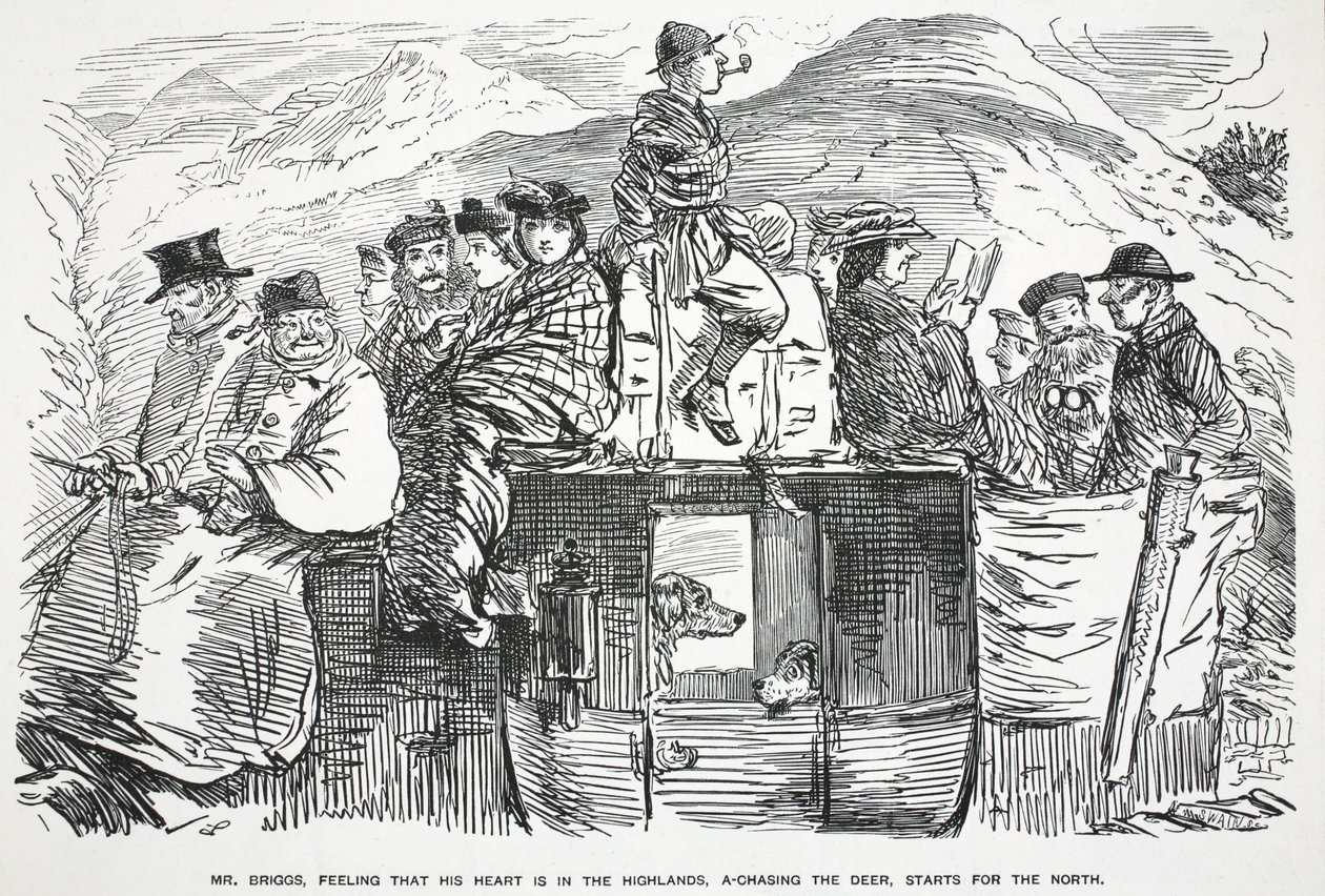 El Sr. Briggs, sintiendo que su corazón está en las Tierras Altas, persiguiendo al ciervo, parte hacia el Norte, ilustración de Punch de English School