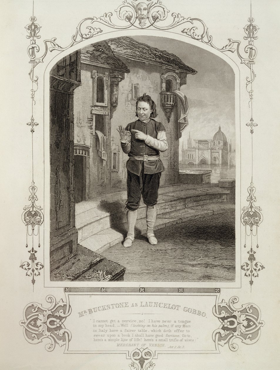 El Sr. Buckstone como Lancelot Gobbo, Acto II Escena 2, en El Mercader de Venecia de William Shakespeare (1564-1616) de English School