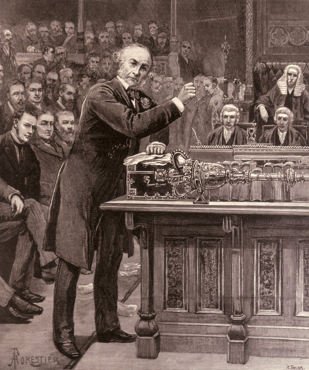 Mr. Gladstone explicando a la Cámara de los Comunes su esquema para el gobierno de Irlanda, de 
