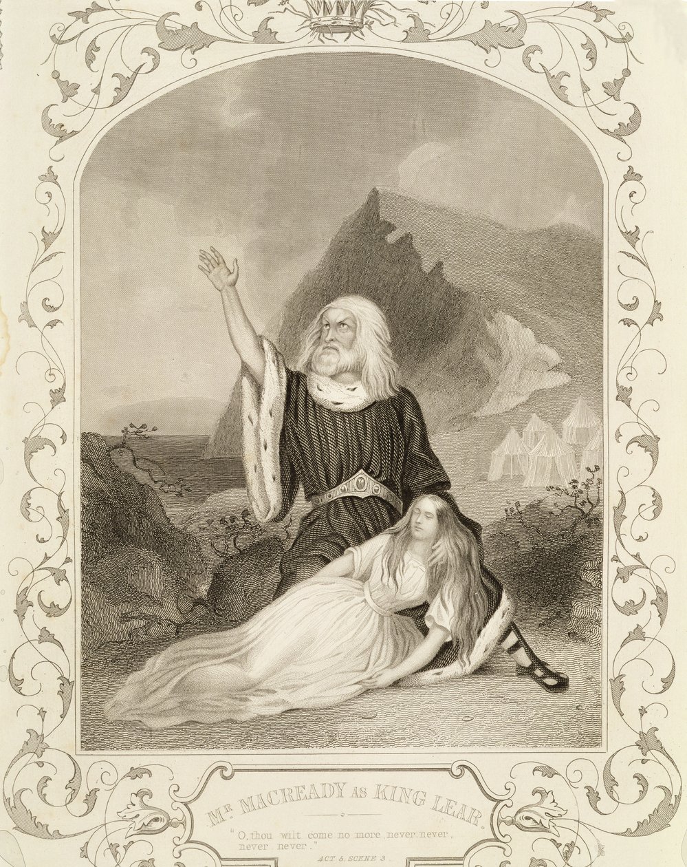 El Sr. Macready como Rey Lear, Acto V Escena 3, en la obra de William Shakespeare (1564-1616) de English School