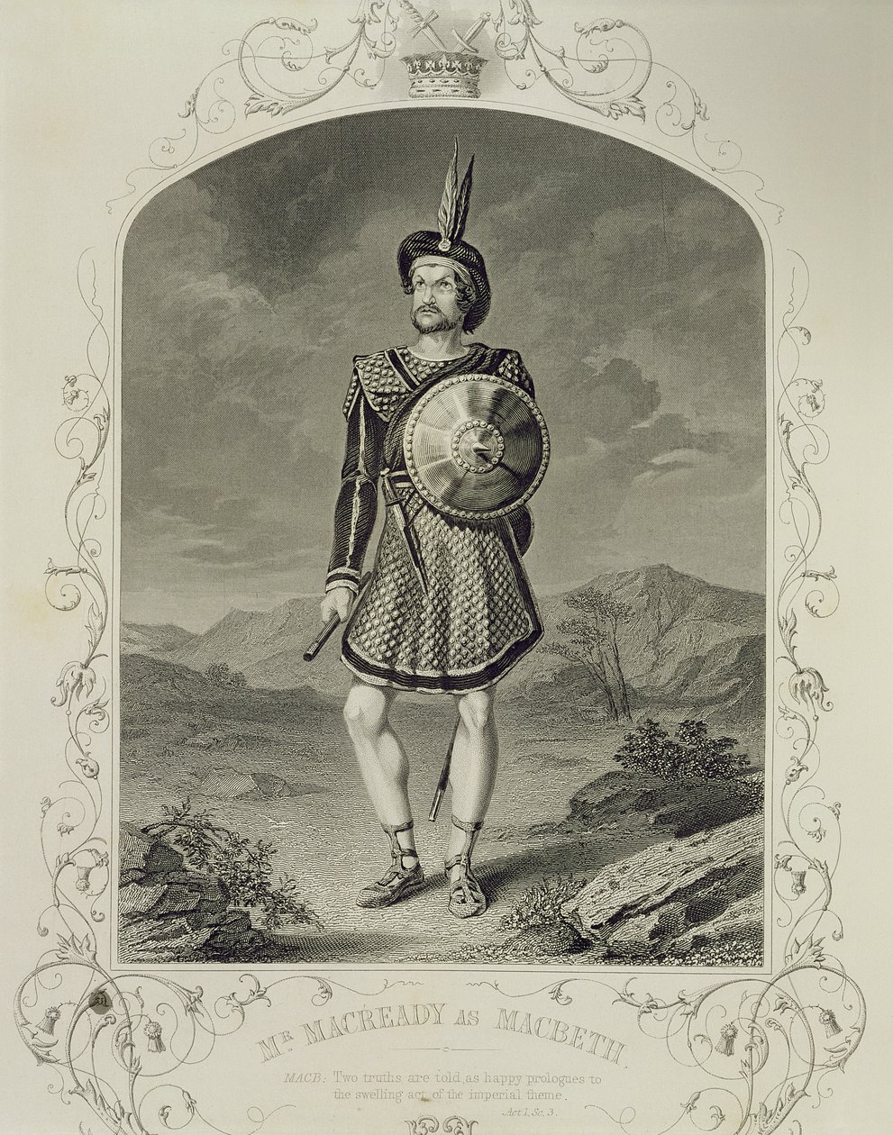El Sr. Macready como Macbeth, Acto I Escena 3, en la obra de William Shakespeare (1564-1616) de English School