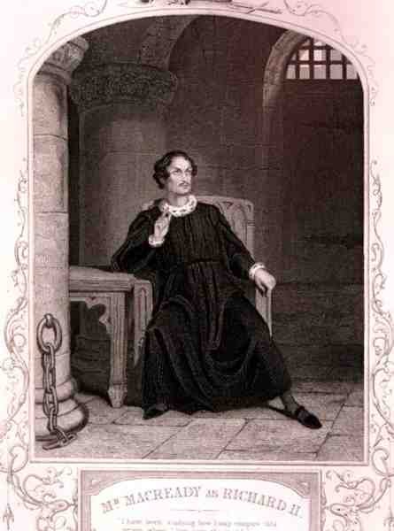 Sr. Macready como Ricardo II, Acto V Escena 5, en la obra de William Shakespeare de English School