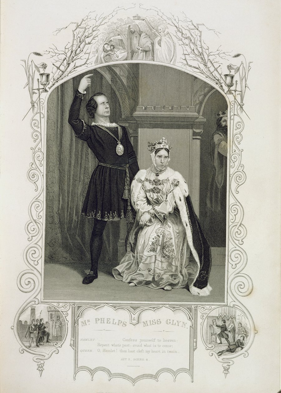 El Sr. Phelps como Hamlet y la Srta. Glyn como la Reina Gertrudis, Acto III Escena 4, en Hamlet de William Shakespeare (1564-1616) de English School