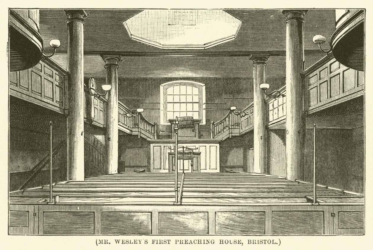 Primera casa de predicación del Sr. Wesley, Bristol (grabado) de English School