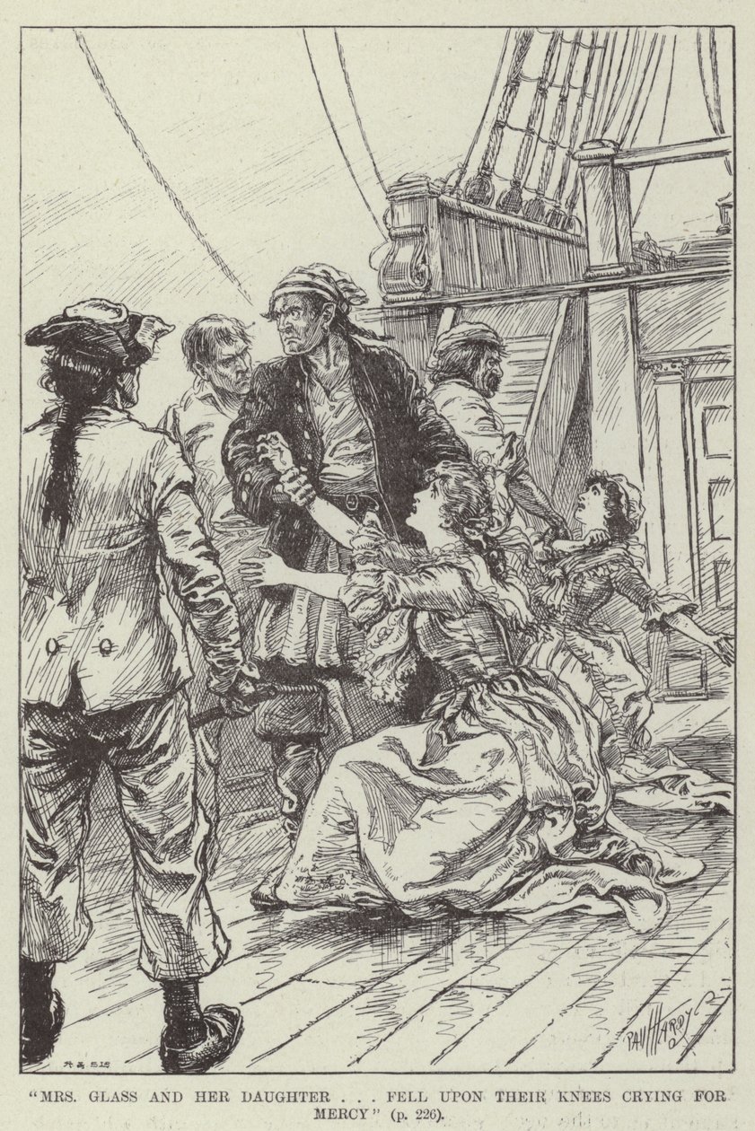 "La Sra. Glass y su hija cayeron de rodillas pidiendo clemencia" (grabado) de English School