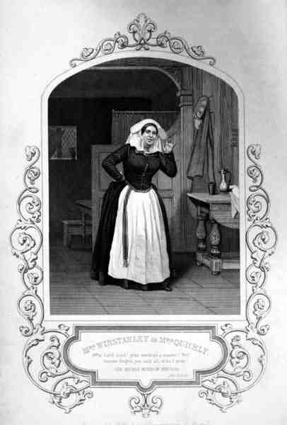 Mrs Winstanley als Mrs Quickly, Akt II Szene 2, in Die lustigen Weiber von Windsor von William Shakespeare, gestochen von George Hollis nach einem Daguerreotyp von J.P. Mayall von English School