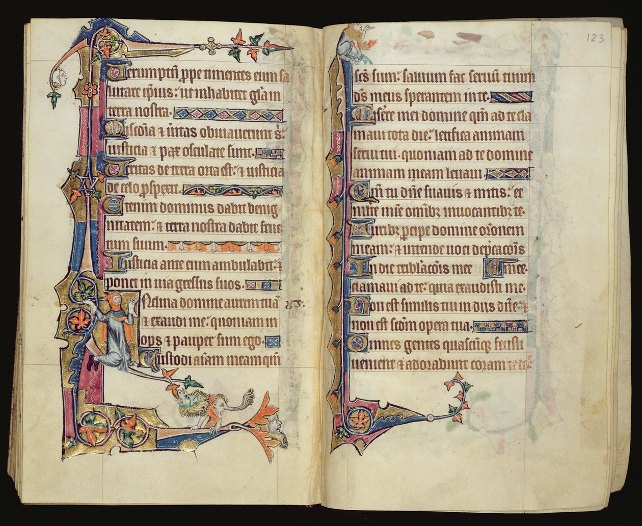 Ms 1-2005, ff.122v-123r: Decoración marginal grotesca del Macclesfield Psalter, Uso de Sarum, East Anglia, c.1330 de English School