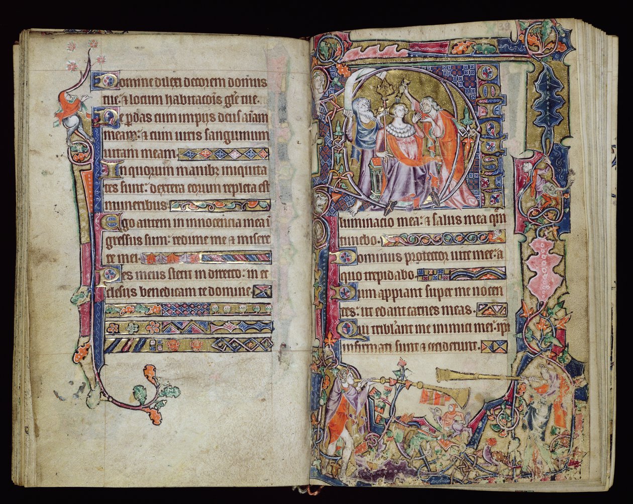 Ms 1-2005, ff.38v-39r: La Unción de David, inicial historiada D del Macclesfield Psalter, Uso de Sarum, East Anglia, c.1330 de English School