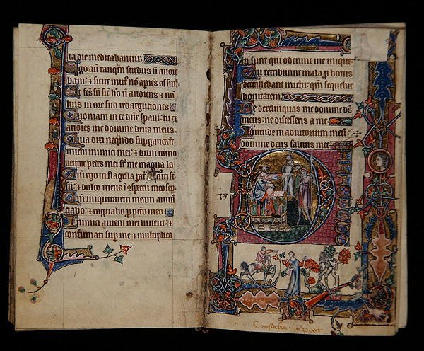 Ms 1-2005, ff.57v-58r: Saúl enviando a Doeg a matar a los sacerdotes de Nob, inicial historiada del Salterio de Macclesfield, Uso de Sarum, East Anglia, c.1330 de English School