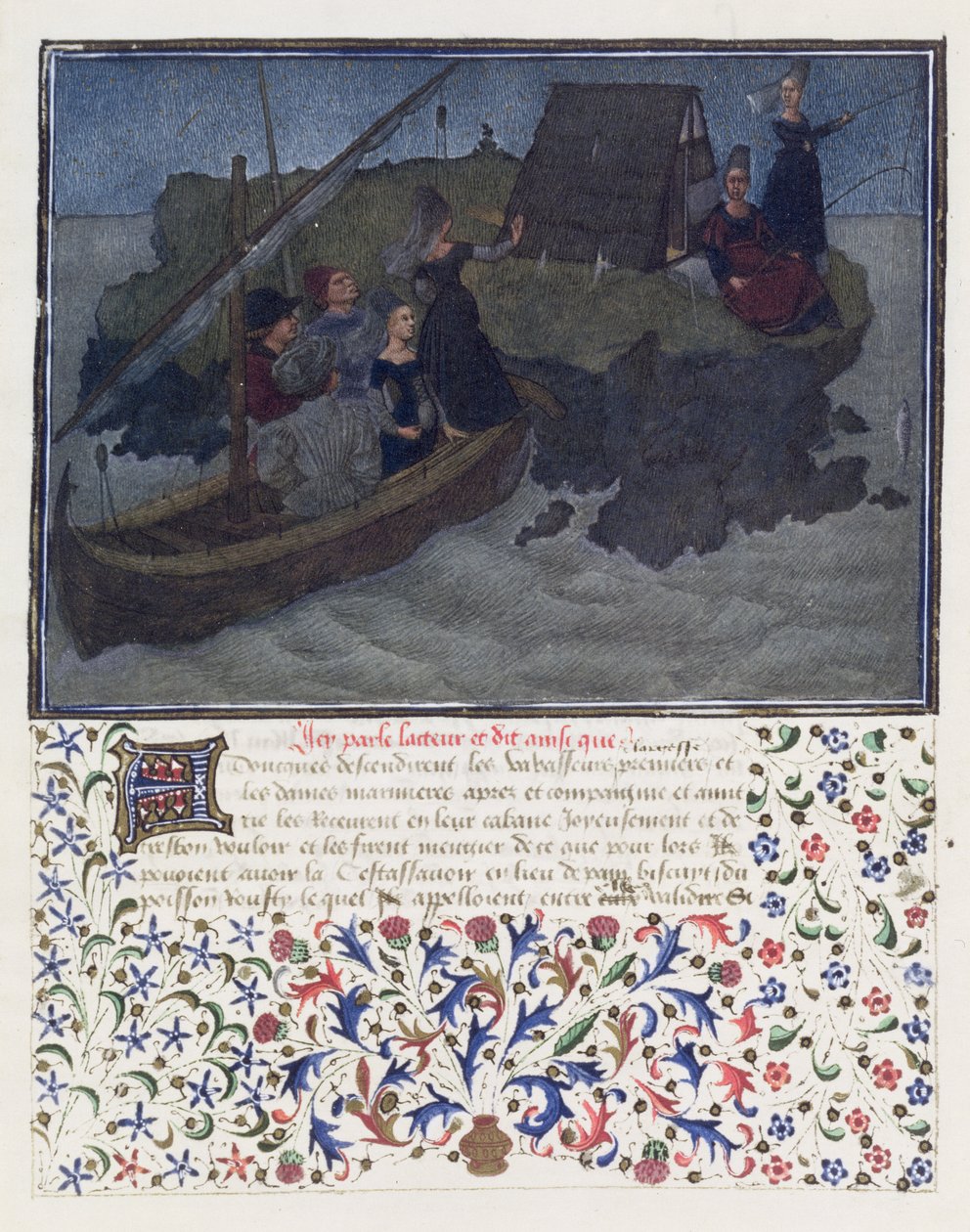 Ms. 2597 Corazón, Deseo y Generosidad aterrizan en la noche con Prometida y Expectativa en la roca de la Compañía y la Amistad, edición facsímil de Livre du Coeur d
