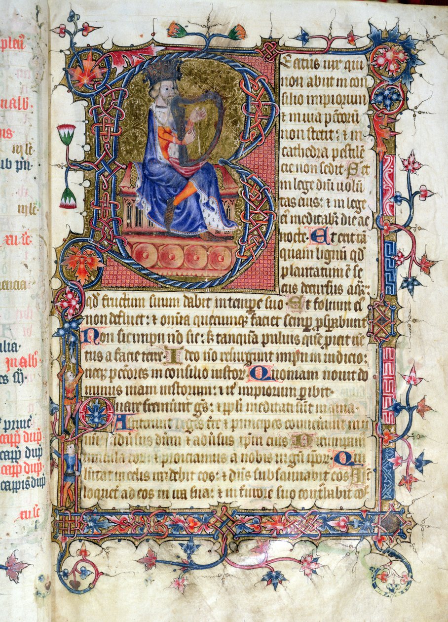 Salmo 1, David tocando el arpa, del Salterio de la Abadía de Ramsey, c.1380 de English School