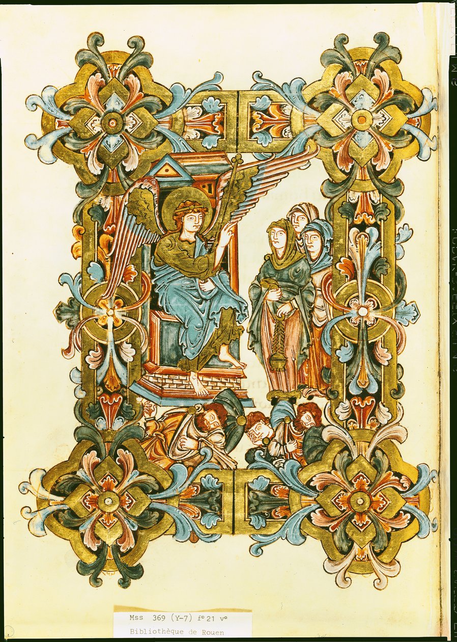 Ms 369 fol.21v Las Santas Mujeres en la Tumba, del Pontifical de Winchester, finales del siglo X a principios del XI de English School