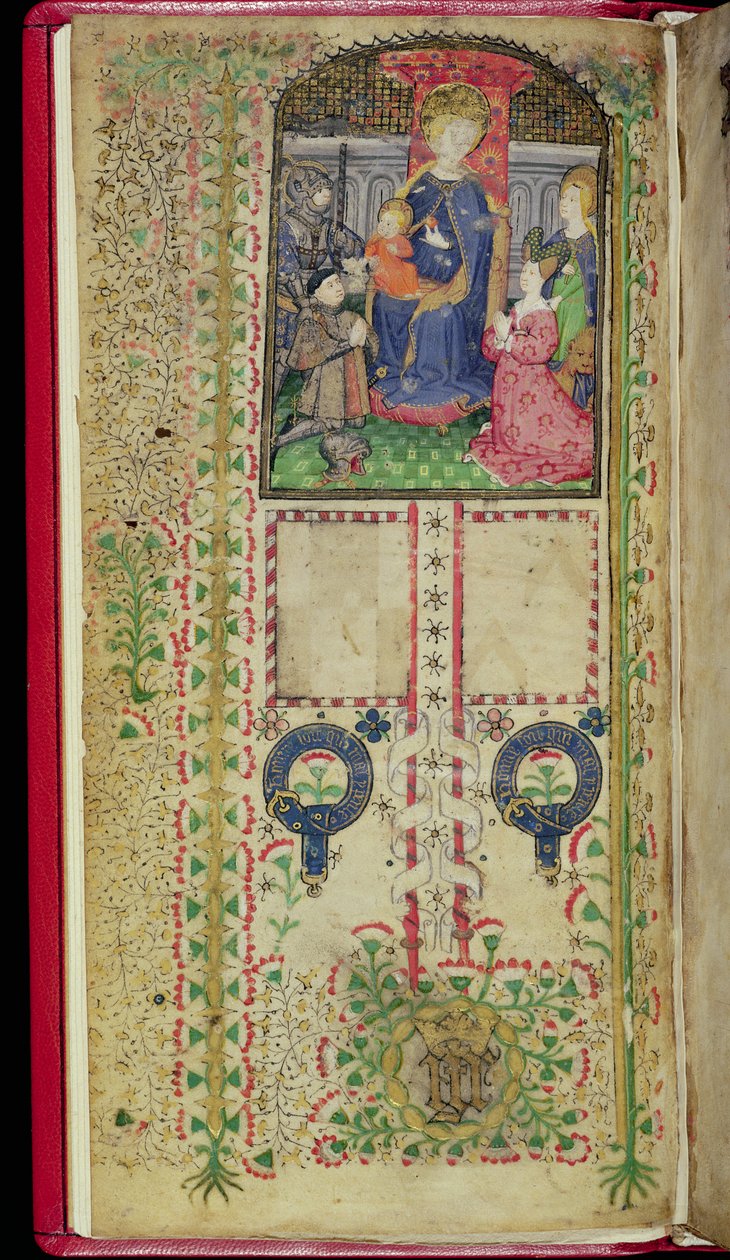 Ms 41-1950, f.2v: Página de dedicación de un Libro de Horas perteneciente a Margaret Beauchamp, c.1424 de English School