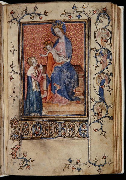 Ms 48, f.86r: El propietario del manuscrito rezando a la Virgen y al Niño, de las Horas Carew-Poyntz, Uso de Sarum, c.1390-1400 de English School