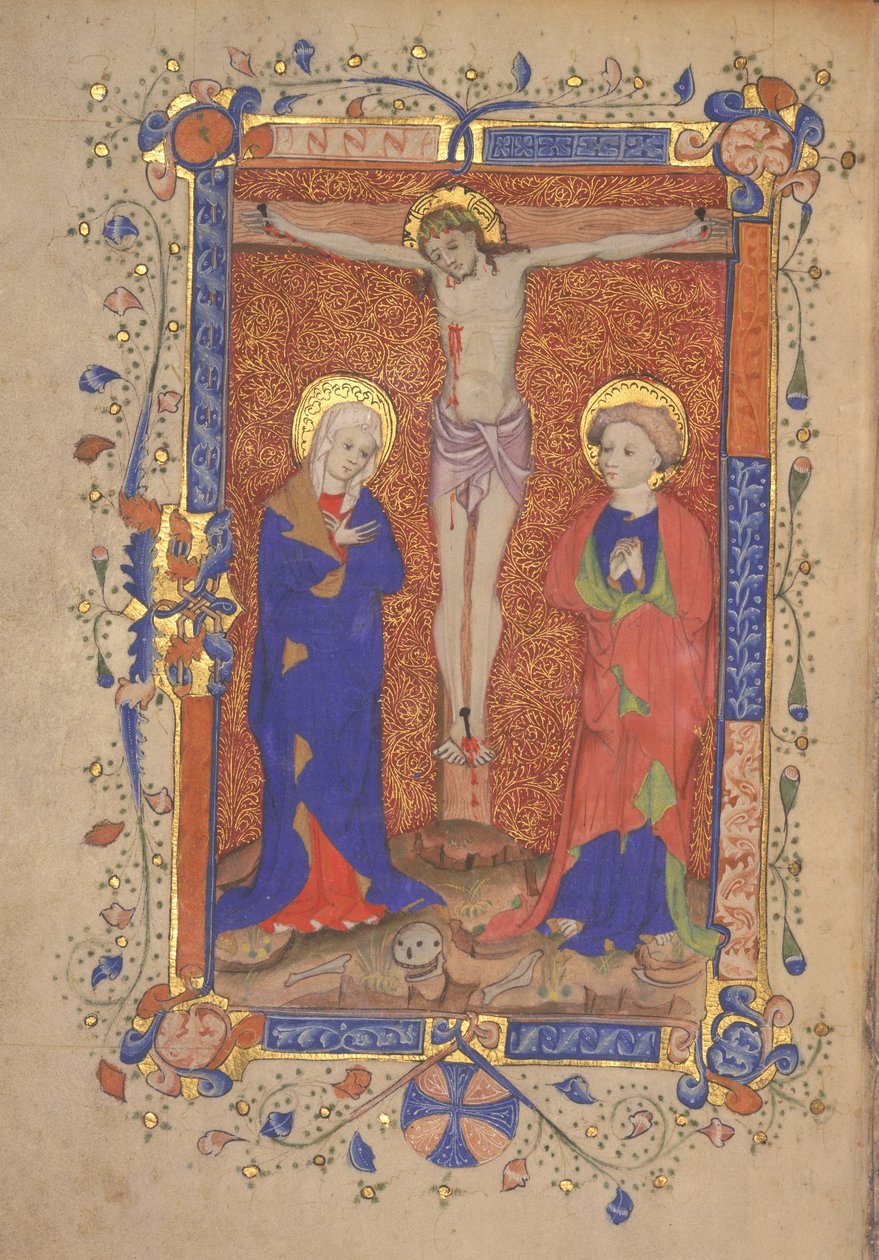 Ms 515 fol.108r Crucifixión con Santa María y San Juan Bautista, del Misal de San Botolph Aldersgate, c.1420-30 de English School