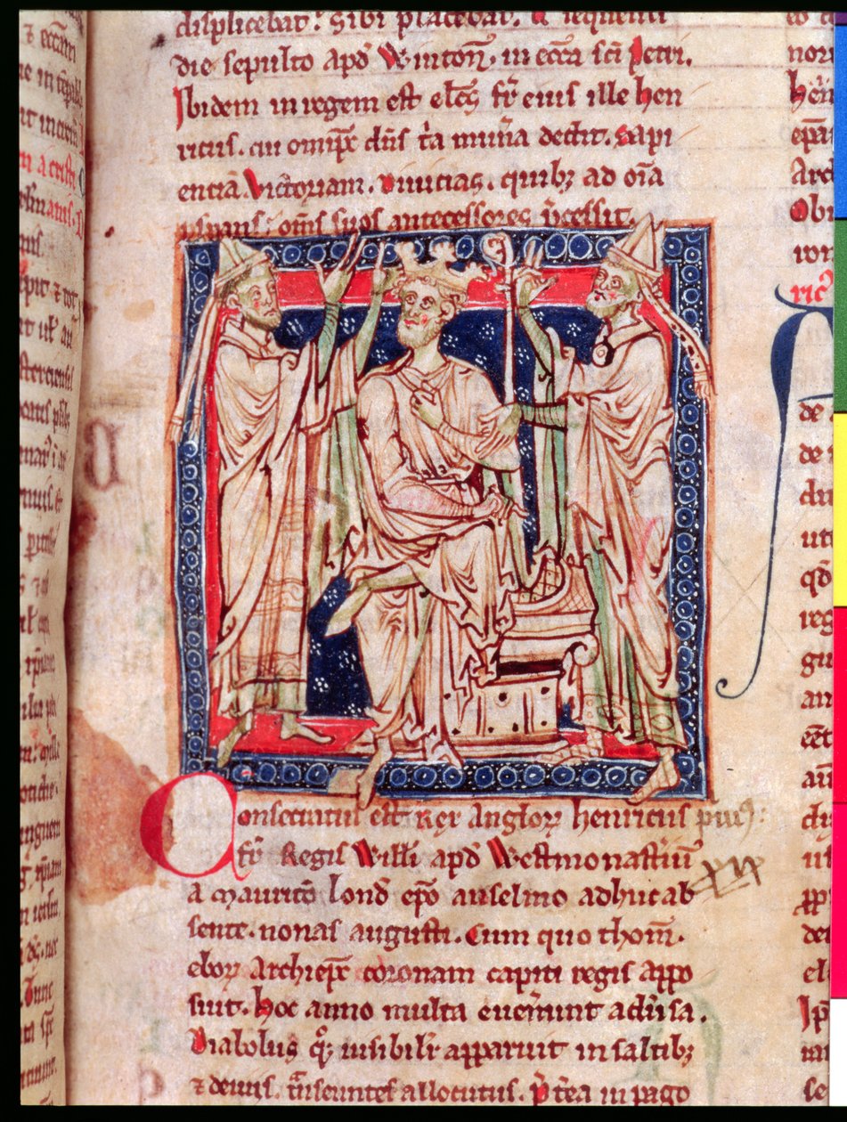 Ms 6712 (A.6.89) fol.129r Enrique I (1068-1135), miniatura de Flores Historiarum, por Matthew Paris, 1250-52 de English School