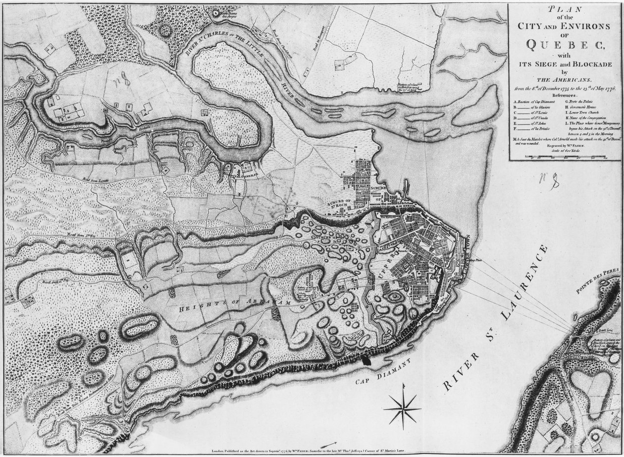 Ms A 224 f.8 Mapa de la ciudad y alrededores de Quebec con su asedio y bloqueo por los americanos, ilustración del 